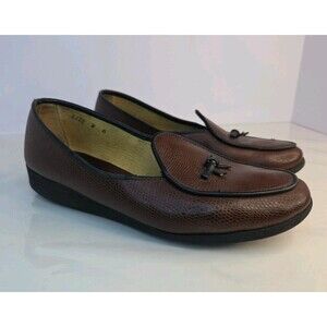 Belgian Shoes Midinette Dark Brown Lizard Calf Leather Loafer With Bow Sz 6W EUC